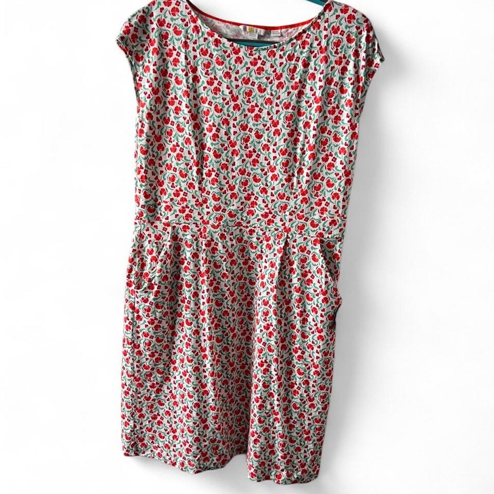 Boden Red Floral Print Cotton Dress with Banded Waist & Pockets Coquette Garden